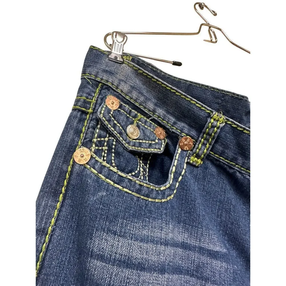 Authentic True Religion Mens Jeans Green Stitch y2k Medium Wash Size 40 FLAWED